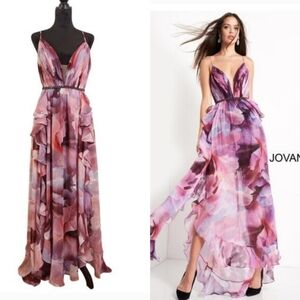 JOVANI NWT Floral Plunging Neckline Chiffon Dress, Size 8
